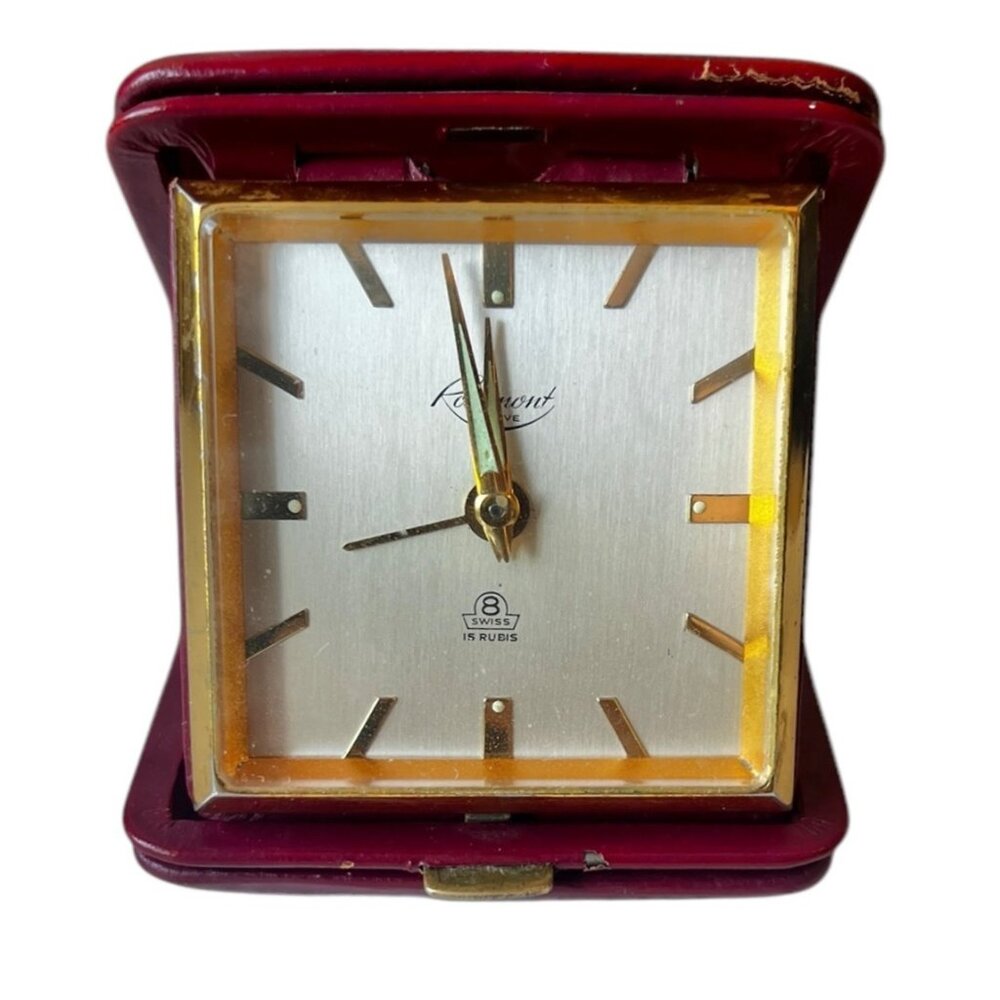 Rosemont Travel Alarm Clock W/  Burgundy Leather Case 15 Rubis Swiss Made Geneva